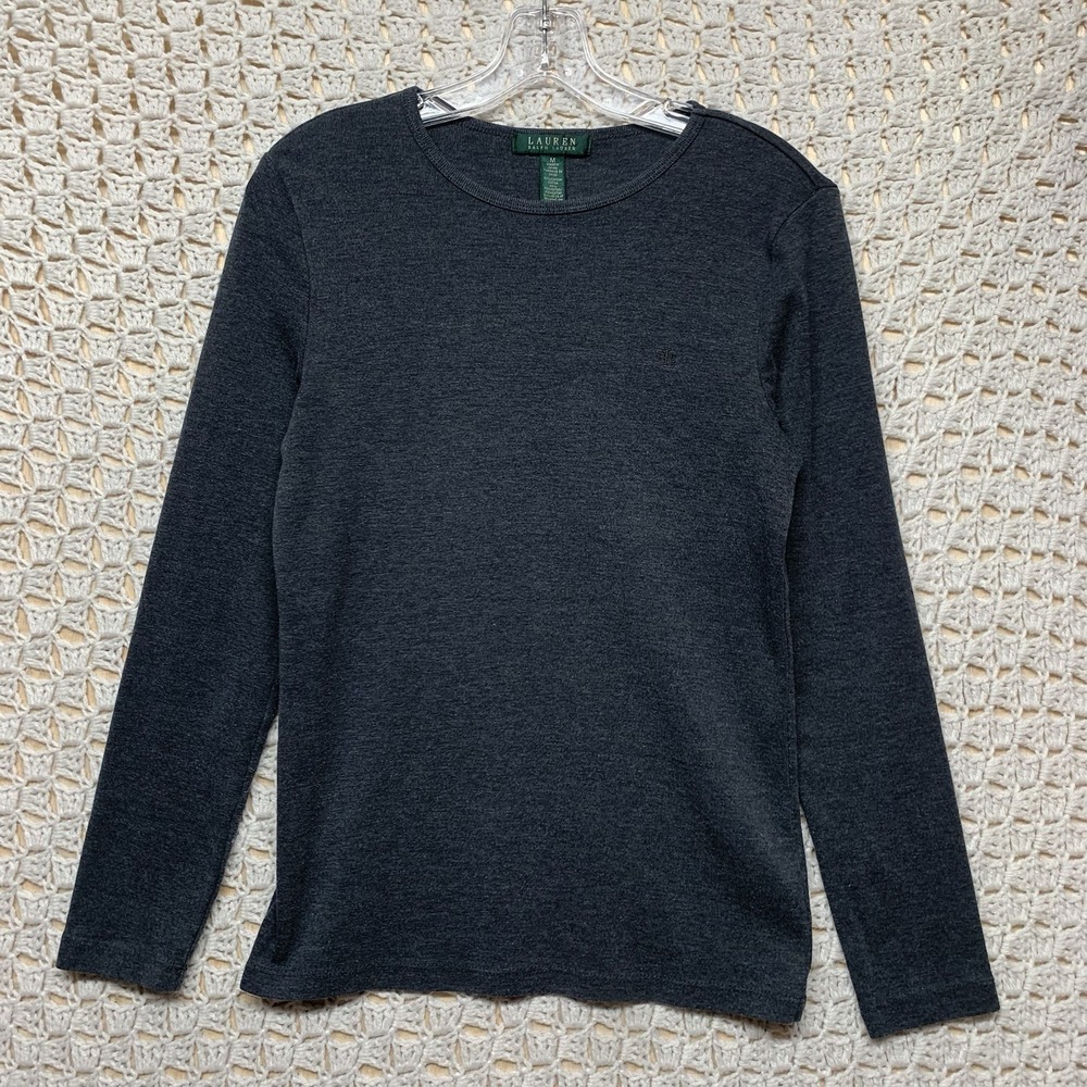 Lauren Ralph Lauren Shirt Top Women Sz M Gray Cotton Blend Long Sleeve Crew Neck